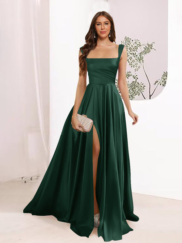 A-Line Square Neck Split Side Floor Length Bridesmaid Dresses