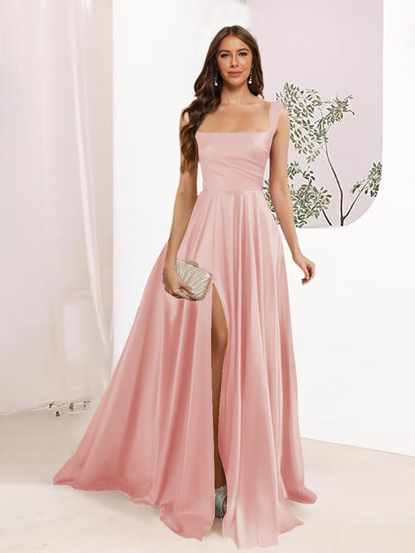 A-Line Square Neck Split Side Floor Length Bridesmaid Dresses