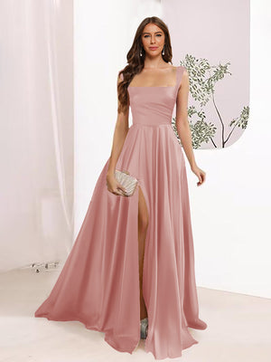 A-Line Square Neck Split Side Floor Length Bridesmaid Dresses