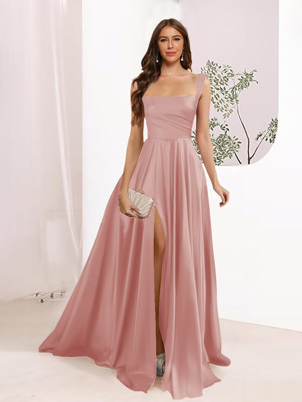 A-Line Square Neck Split Side Floor Length Bridesmaid Dresses
