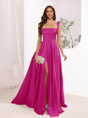 A-Line Square Neck Split Side Floor Length Bridesmaid Dresses