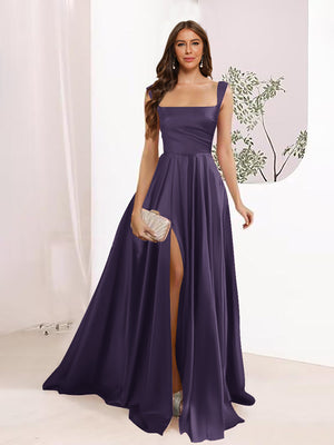 A-Line Square Neck Split Side Floor Length Bridesmaid Dresses