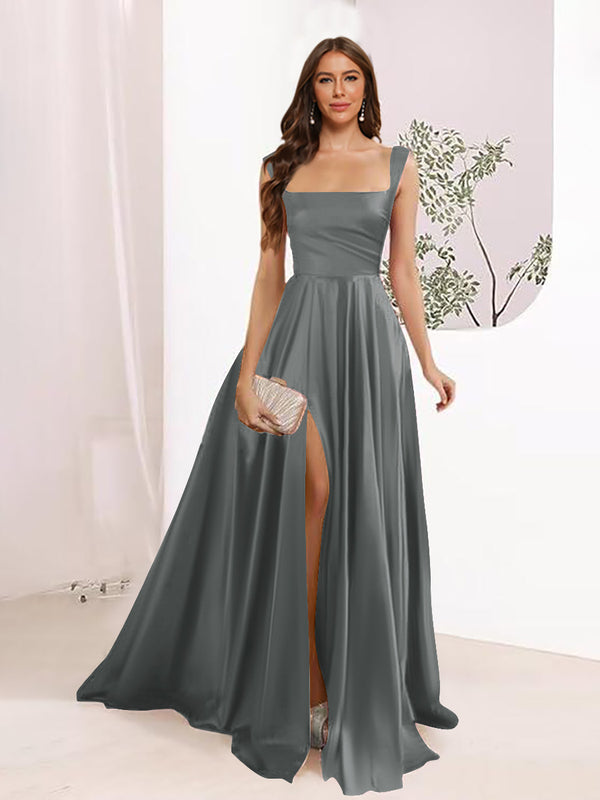 A-Line Square Neck Split Side Floor Length Bridesmaid Dresses