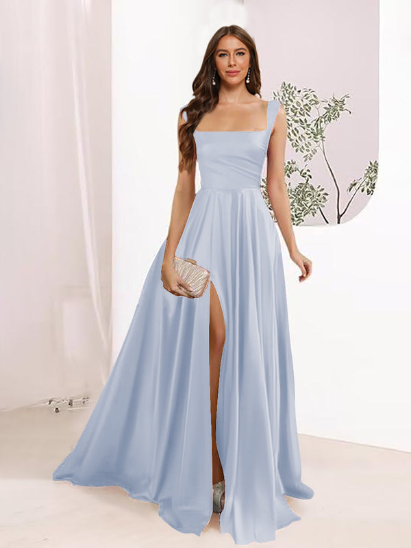 A-Line Square Neck Split Side Floor Length Bridesmaid Dresses