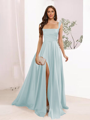 A-Line Square Neck Split Side Floor Length Bridesmaid Dresses