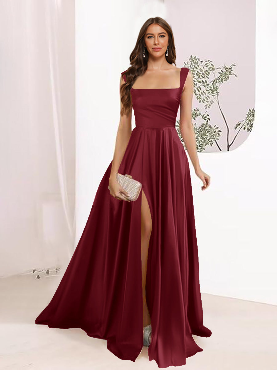 Lavetir Light Burgundy A-Line Square Neck Split Side Floor Length Bridesmaid Dresses 2026