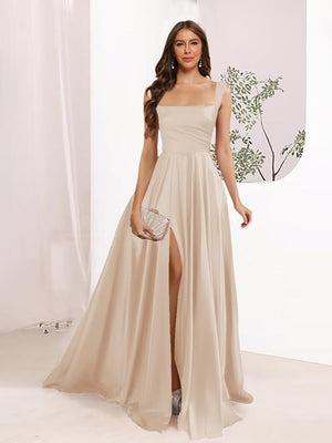 A-Line Square Neck Split Side Floor Length Bridesmaid Dresses