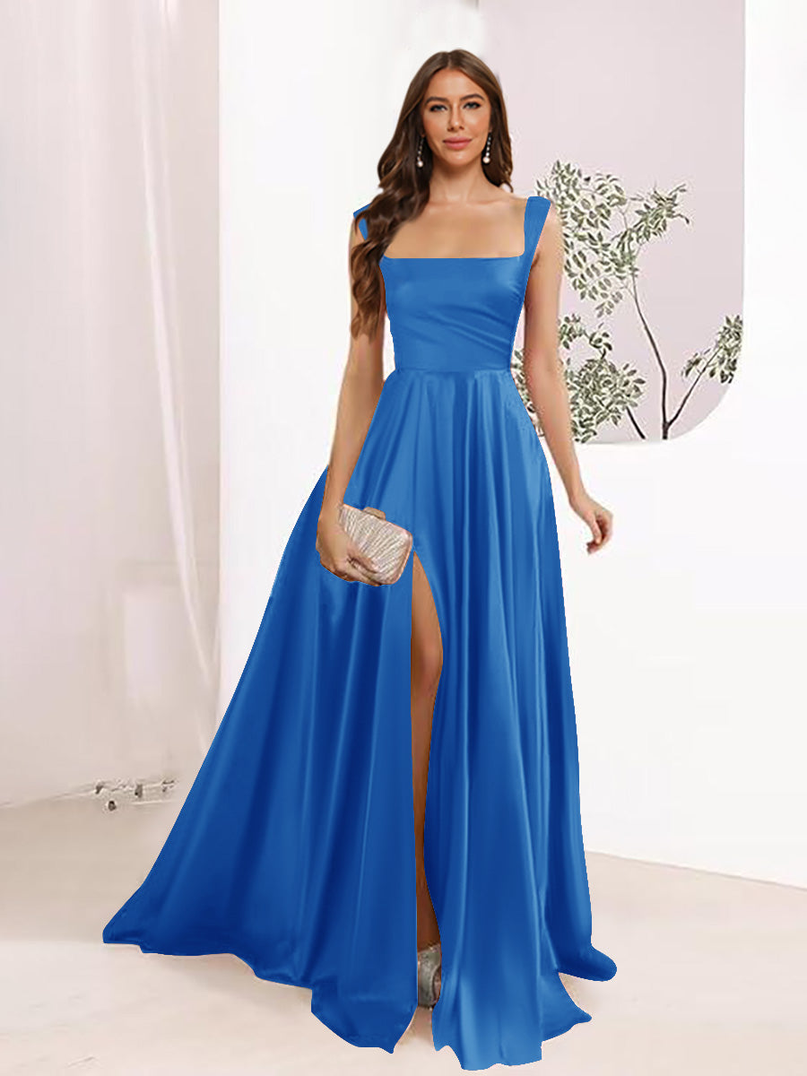Lavetir Light Royal Blue A-Line Square Neck Split Side Floor Length Bridesmaid Dresses 2026