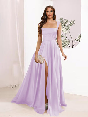 A-Line Square Neck Split Side Floor Length Bridesmaid Dresses