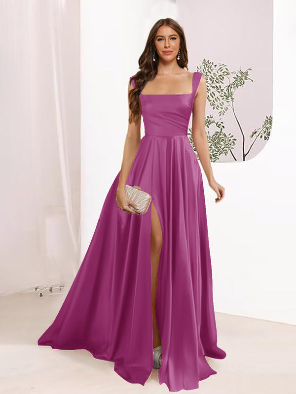 A-Line Square Neck Split Side Floor Length Bridesmaid Dresses