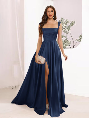 A-Line Square Neck Split Side Floor Length Bridesmaid Dresses