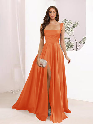 A-Line Square Neck Split Side Floor Length Bridesmaid Dresses