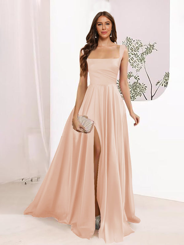 A-Line Square Neck Split Side Floor Length Bridesmaid Dresses