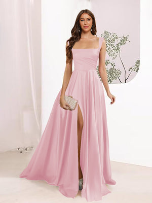 A-Line Square Neck Split Side Floor Length Bridesmaid Dresses