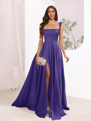 A-Line Square Neck Split Side Floor Length Bridesmaid Dresses