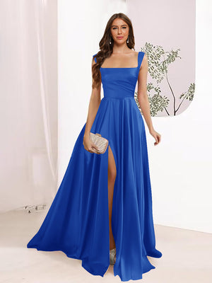 A-Line Square Neck Split Side Floor Length Bridesmaid Dresses