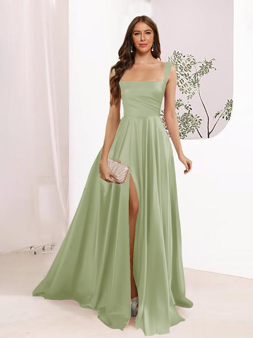 A-Line Square Neck Split Side Floor Length Bridesmaid Dresses