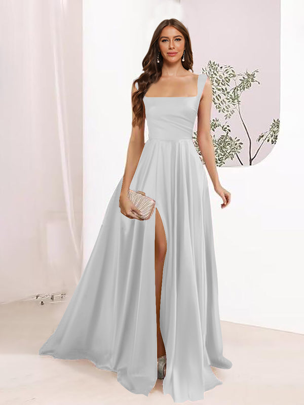 A-Line Square Neck Split Side Floor Length Bridesmaid Dresses