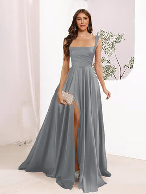 A-Line Square Neck Split Side Floor Length Bridesmaid Dresses