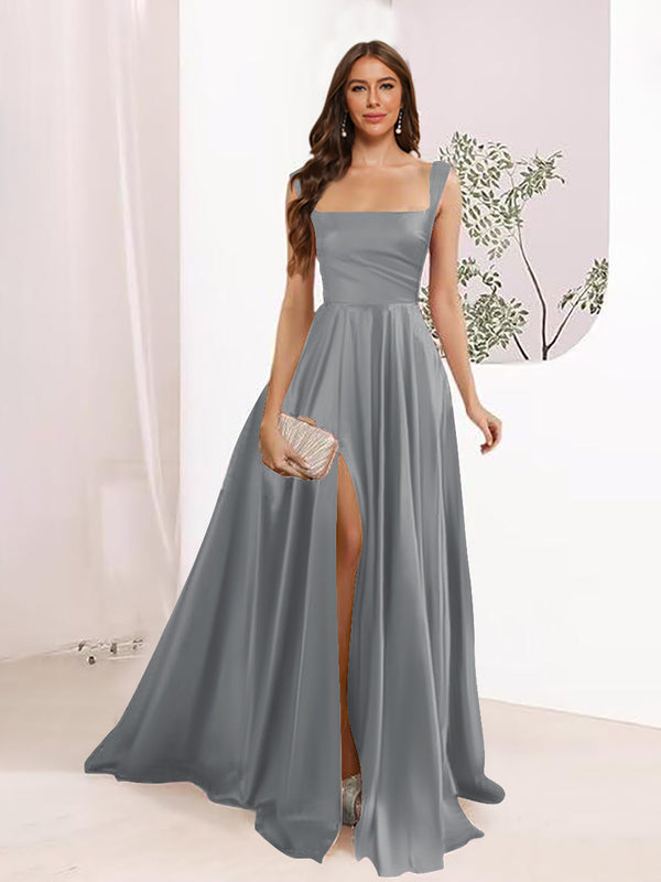 A-Line Square Neck Split Side Floor Length Bridesmaid Dresses
