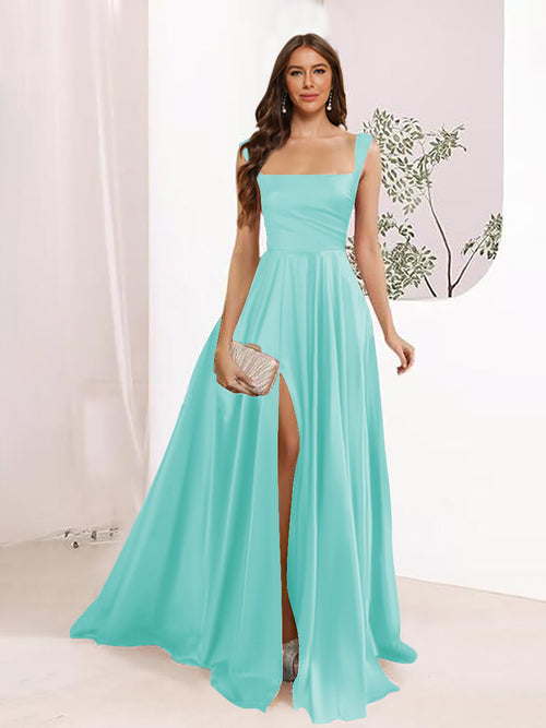A-Line Square Neck Split Side Floor Length Bridesmaid Dresses