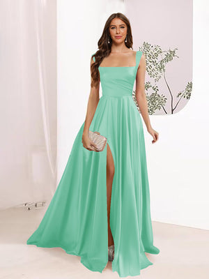 A-Line Square Neck Split Side Floor Length Bridesmaid Dresses