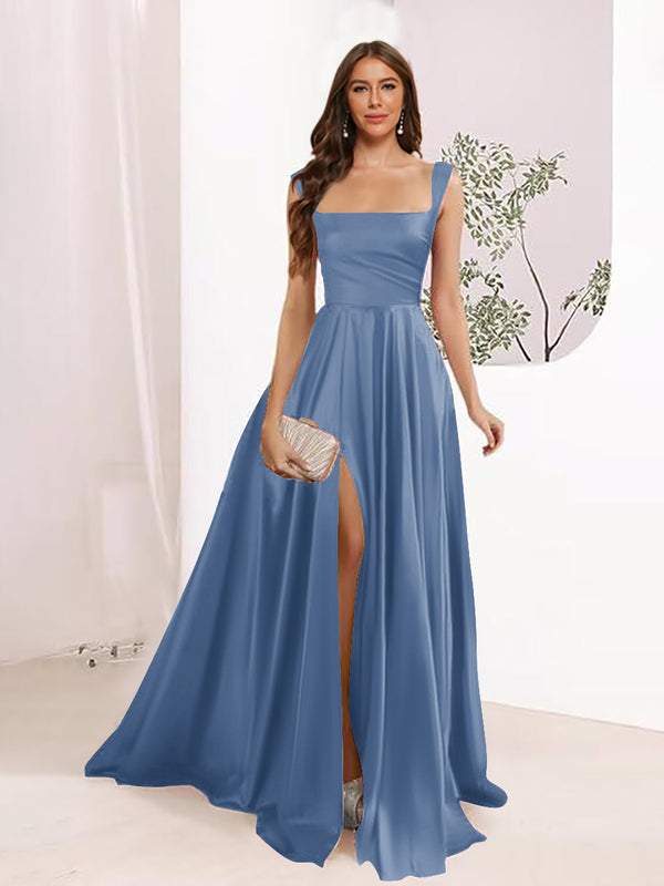 A-Line Square Neck Split Side Floor Length Bridesmaid Dresses