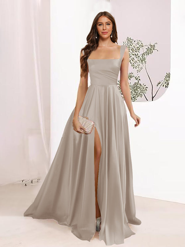 A-Line Square Neck Split Side Floor Length Bridesmaid Dresses