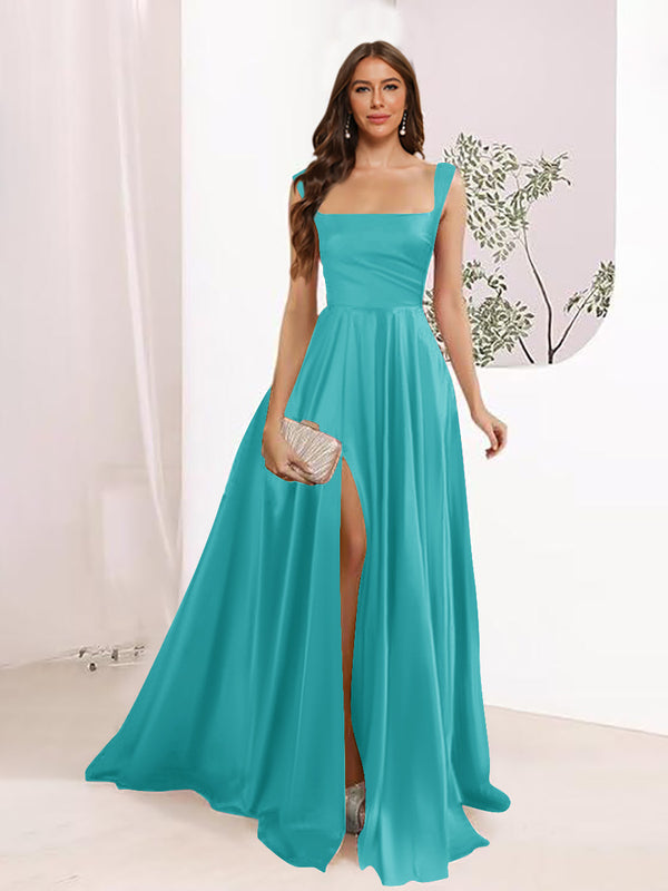 A-Line Square Neck Split Side Floor Length Bridesmaid Dresses