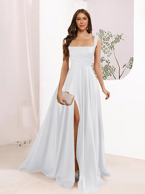 A-Line Square Neck Split Side Floor Length Bridesmaid Dresses