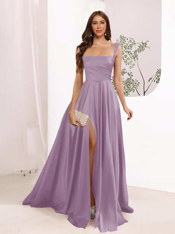 A-Line Square Neck Split Side Floor Length Bridesmaid Dresses