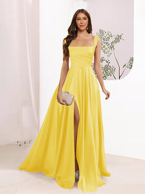 A-Line Square Neck Split Side Floor Length Bridesmaid Dresses
