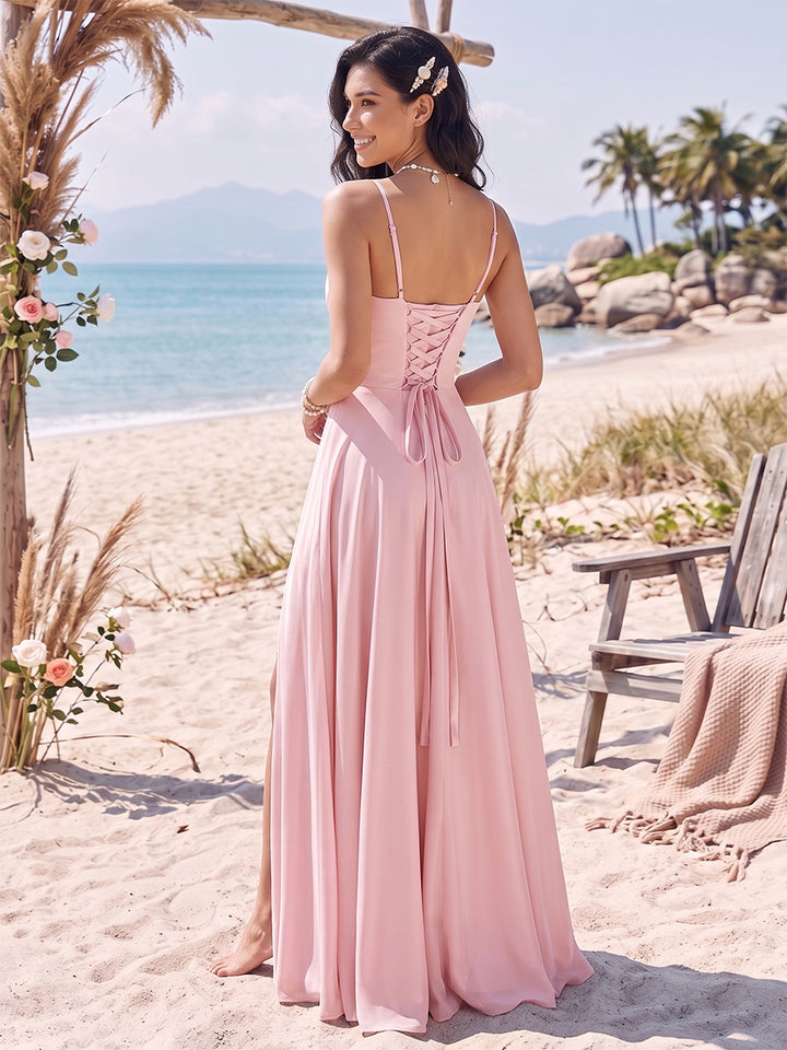 A-Line Square Neck Split Side Floor Length Bridesmaid Dresses With Split Side