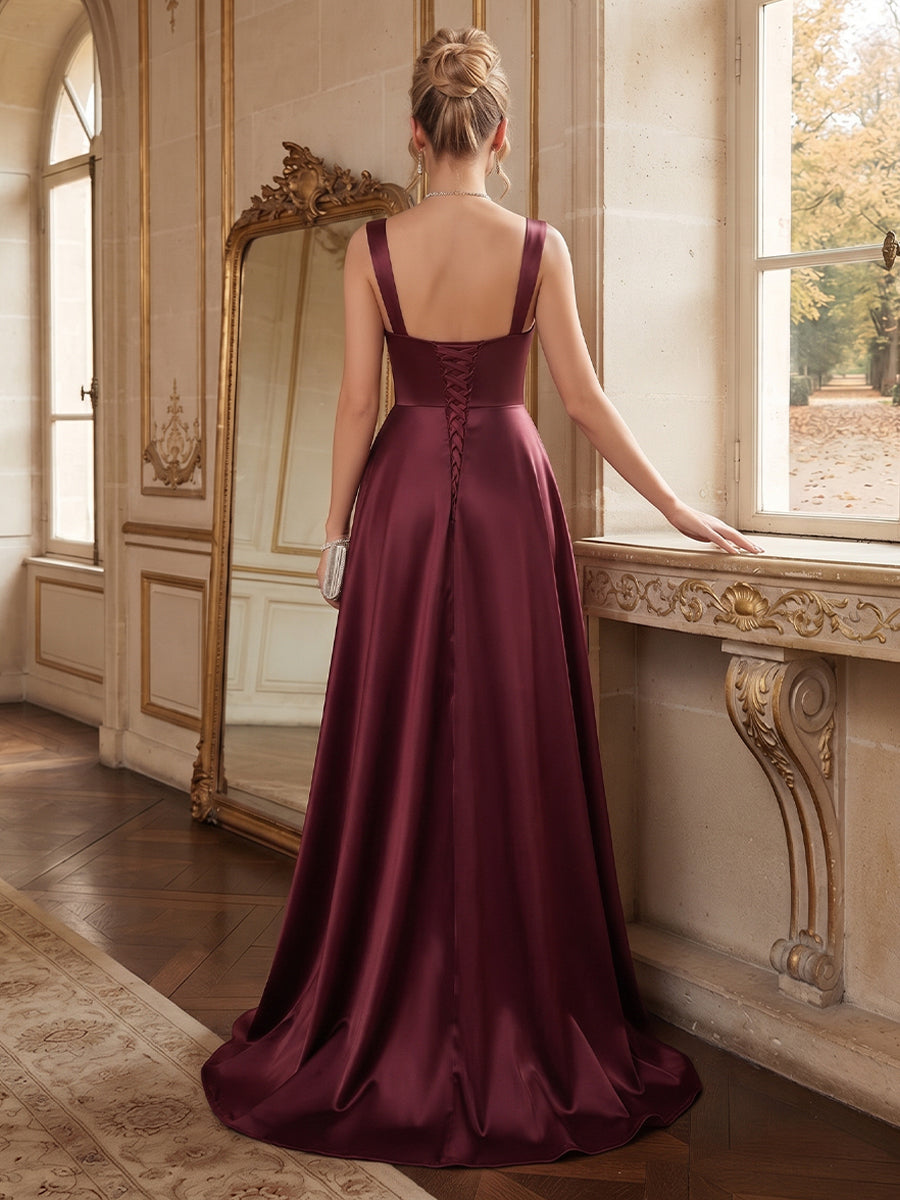 A-Line/Princess Square Neck Sleeveless Satin Sweep Train/Brush Train Prom Dresses with Split Side
