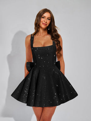 A-Line Square Neck Sequin Short Homecoming Dresses with Bow