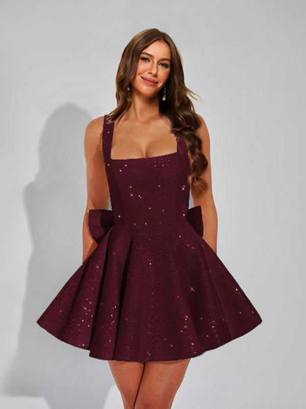 A-Line Square Neck Sequin Short Homecoming Dresses with Bow