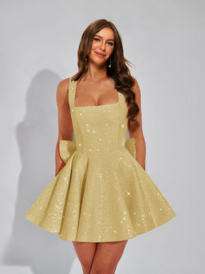 A-Line Square Neck Sequin Short Homecoming Dresses with Bow