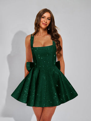 A-Line Square Neck Sequin Short Homecoming Dresses with Bow