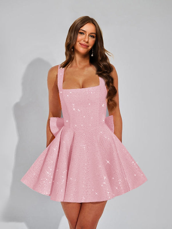 A-Line Square Neck Sequin Short Homecoming Dresses with Bow