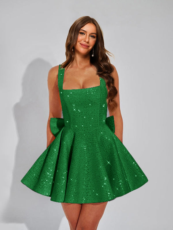 A-Line Square Neck Sequin Short Homecoming Dresses with Bow