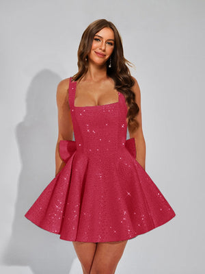 A-Line Square Neck Sequin Short Homecoming Dresses with Bow