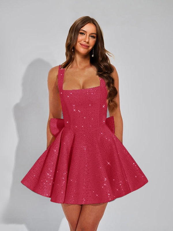 A-Line Square Neck Sequin Short Homecoming Dresses with Bow