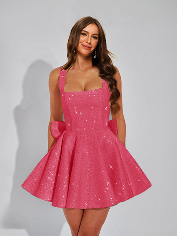 A-Line Square Neck Sequin Short Homecoming Dresses with Bow