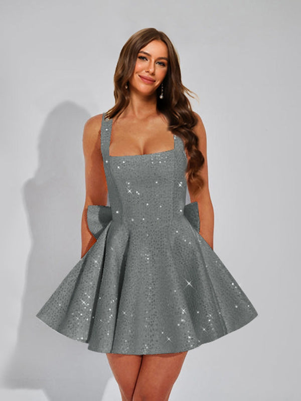 A-Line Square Neck Sequin Short Homecoming Dresses with Bow