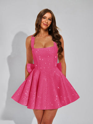 A-Line Square Neck Sequin Short Homecoming Dresses with Bow