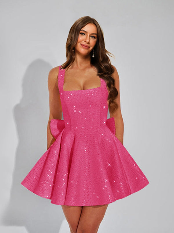 A-Line Square Neck Sequin Short Homecoming Dresses with Bow