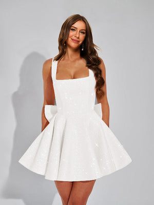 A-Line Square Neck Sequin Short Homecoming Dresses with Bow