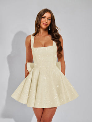 A-Line Square Neck Sequin Short Homecoming Dresses with Bow