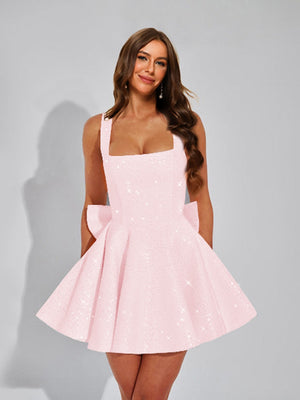 A-Line Square Neck Sequin Short Homecoming Dresses with Bow