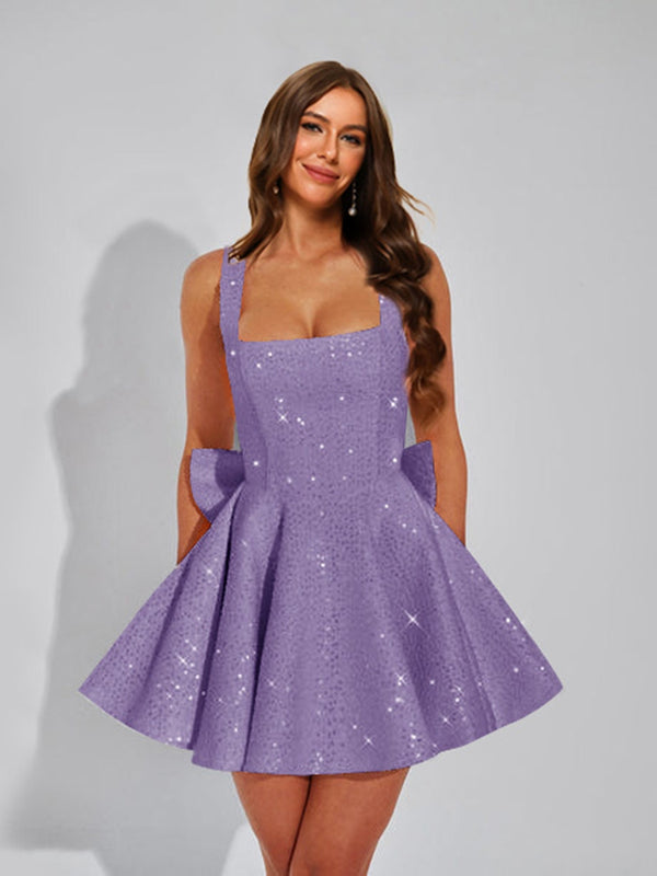 A-Line Square Neck Sequin Short Homecoming Dresses with Bow